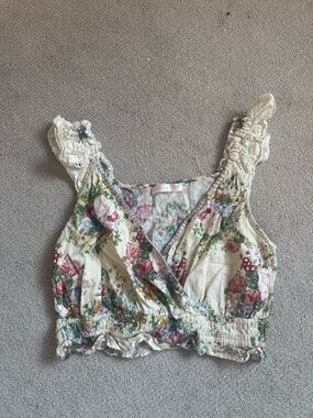 LoveShackFancy Cream Floral Lace-Trim Cropped Tank